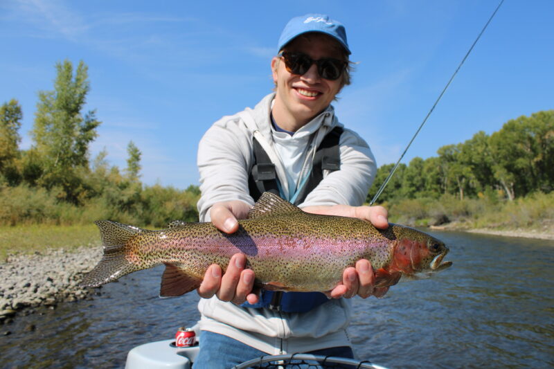 Angler proudly displaying a large rainbow trout caught on the river during a half-day walk and wade trip.